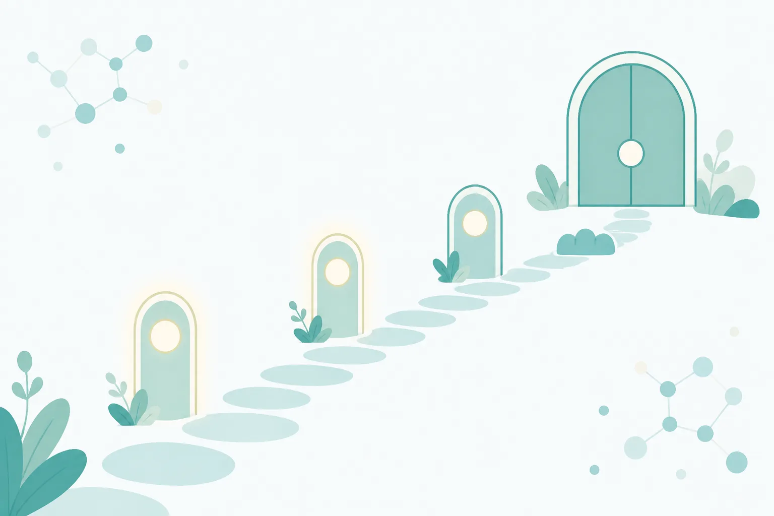 Illustration of a winding path with three rounded gateposts, two already passed and softly lit, and a final larger gate ahead that is still closed