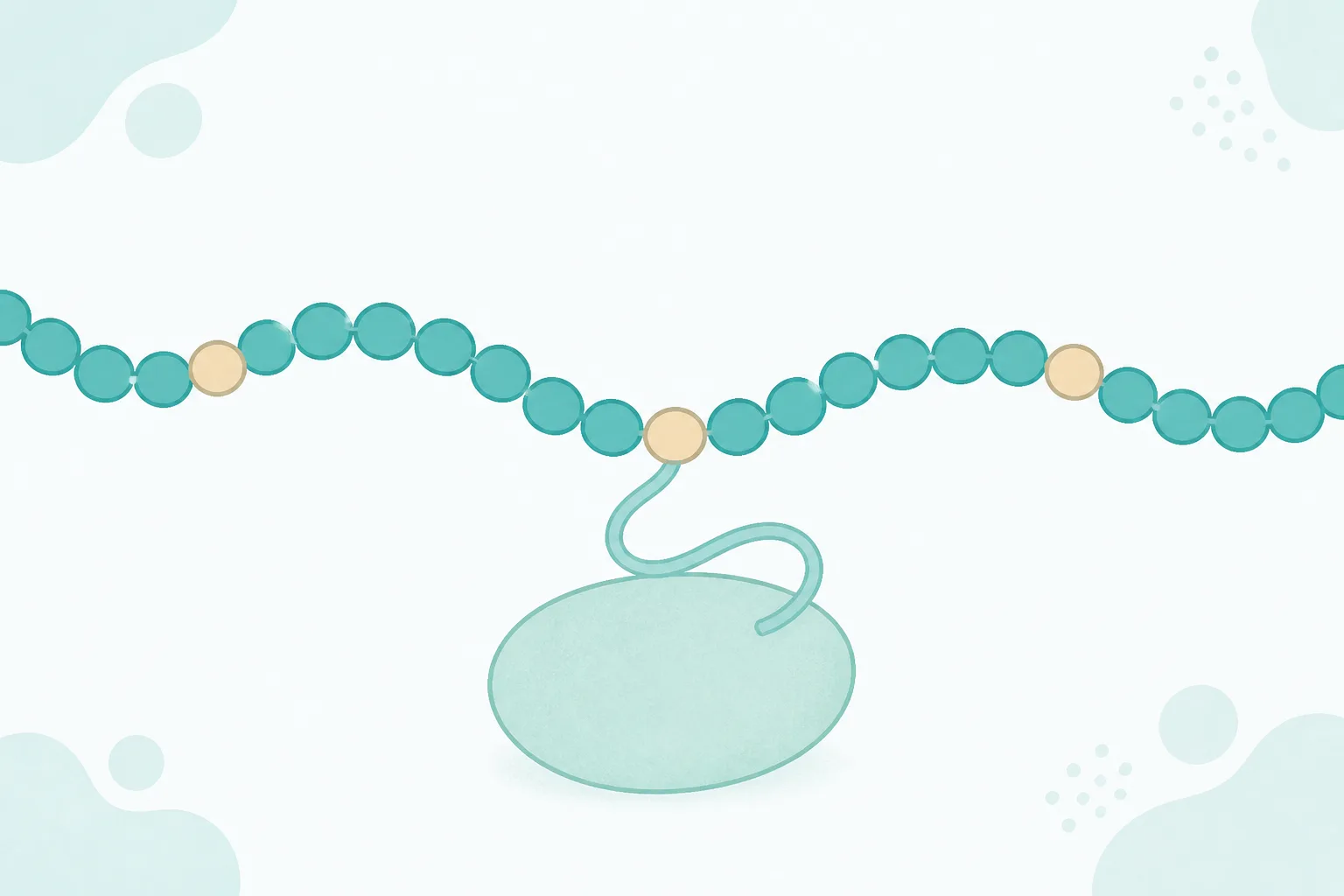 Illustration of a long chain of rounded beads in soft teal where three beads are a different warm sand colour, and one of those carries a gentle curling tail that rests against a large smooth pebble shape