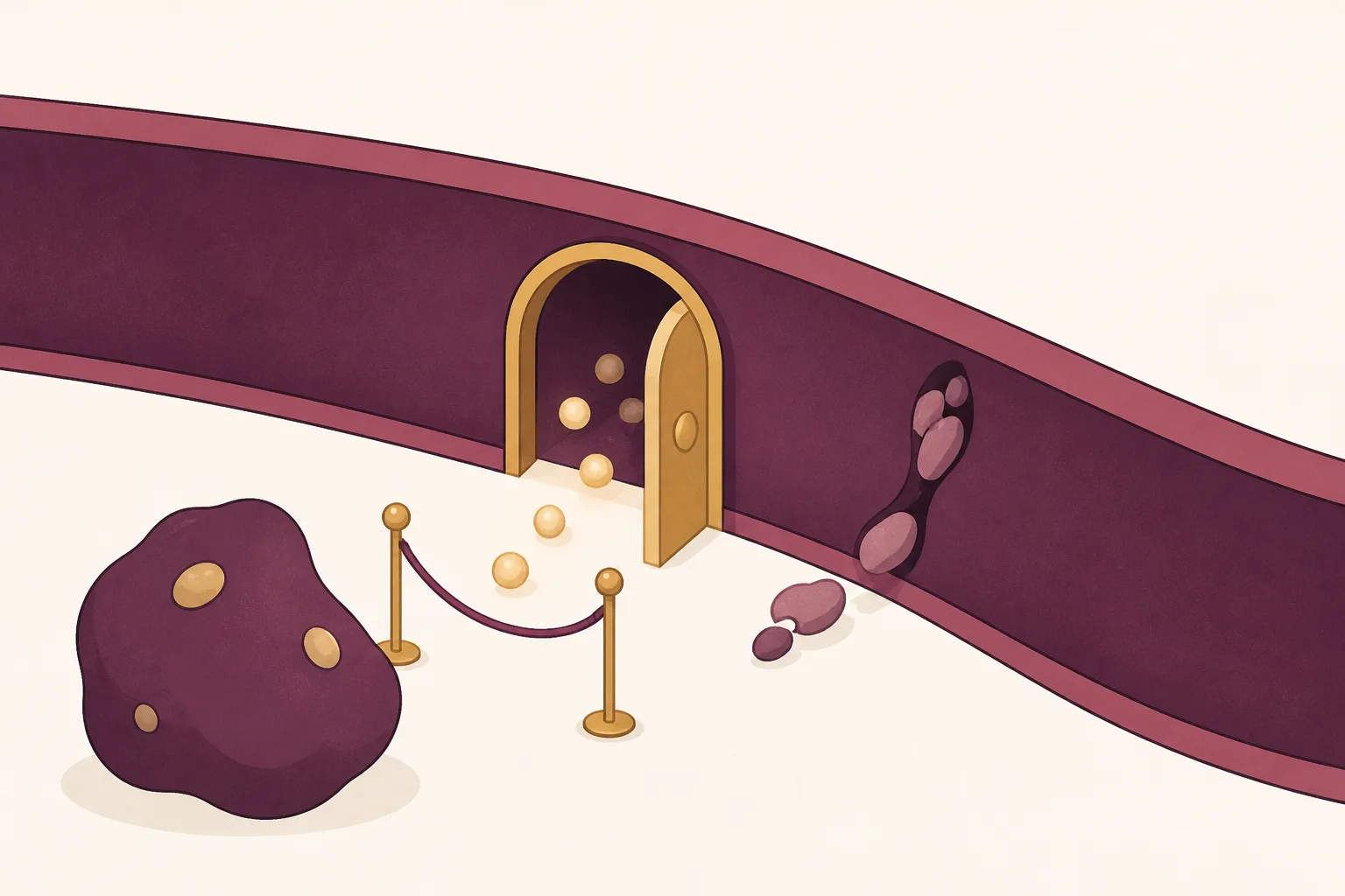 Friendly flat illustration of a velvet rope and a closed door set into a blood-vessel wall, with tiny round tokens passing through while one large irregular shape is turned away