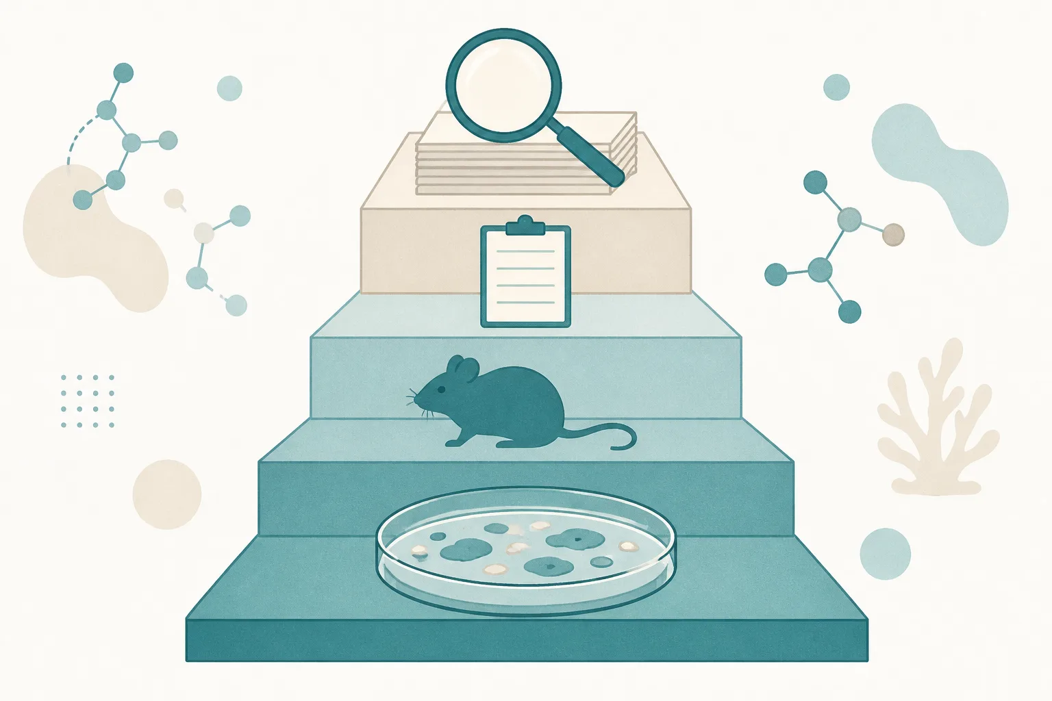 Flat illustration of a stepped pyramid with a petri dish on the bottom tier, a mouse silhouette above it, a clipboard higher up and a magnifying glass over a stack of papers at the top