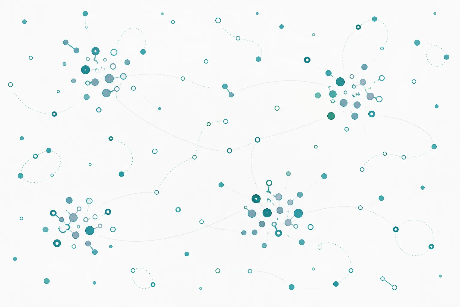 Abstract illustration of many small rounded shapes distributed across an open field, some moving in loose patrolling loops and others resting in clustered groups, with faint connecting lines between the clusters