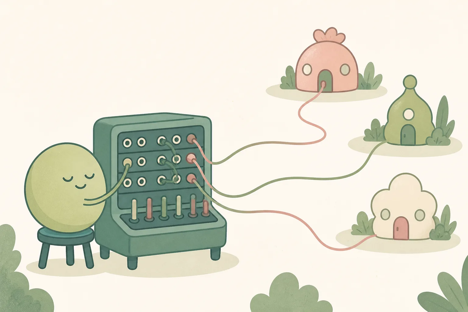 Friendly illustration of a small pea-shaped gland seated at a vintage telephone switchboard, with cords running out to distant glands drawn as little buildings