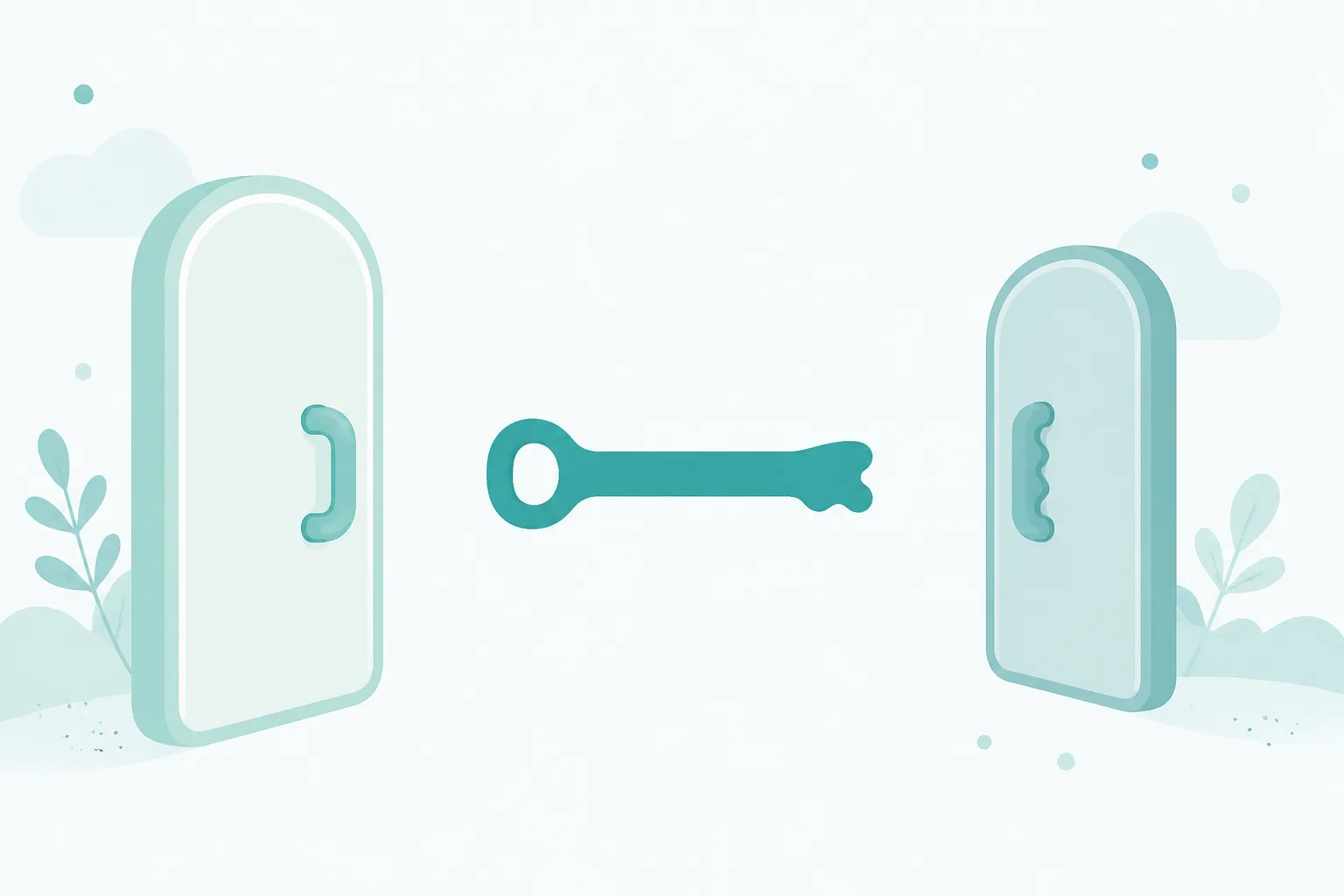 Illustration of a single rounded key shape with two differently shaped bits, one at each end, beside two rounded doors with differently shaped handles