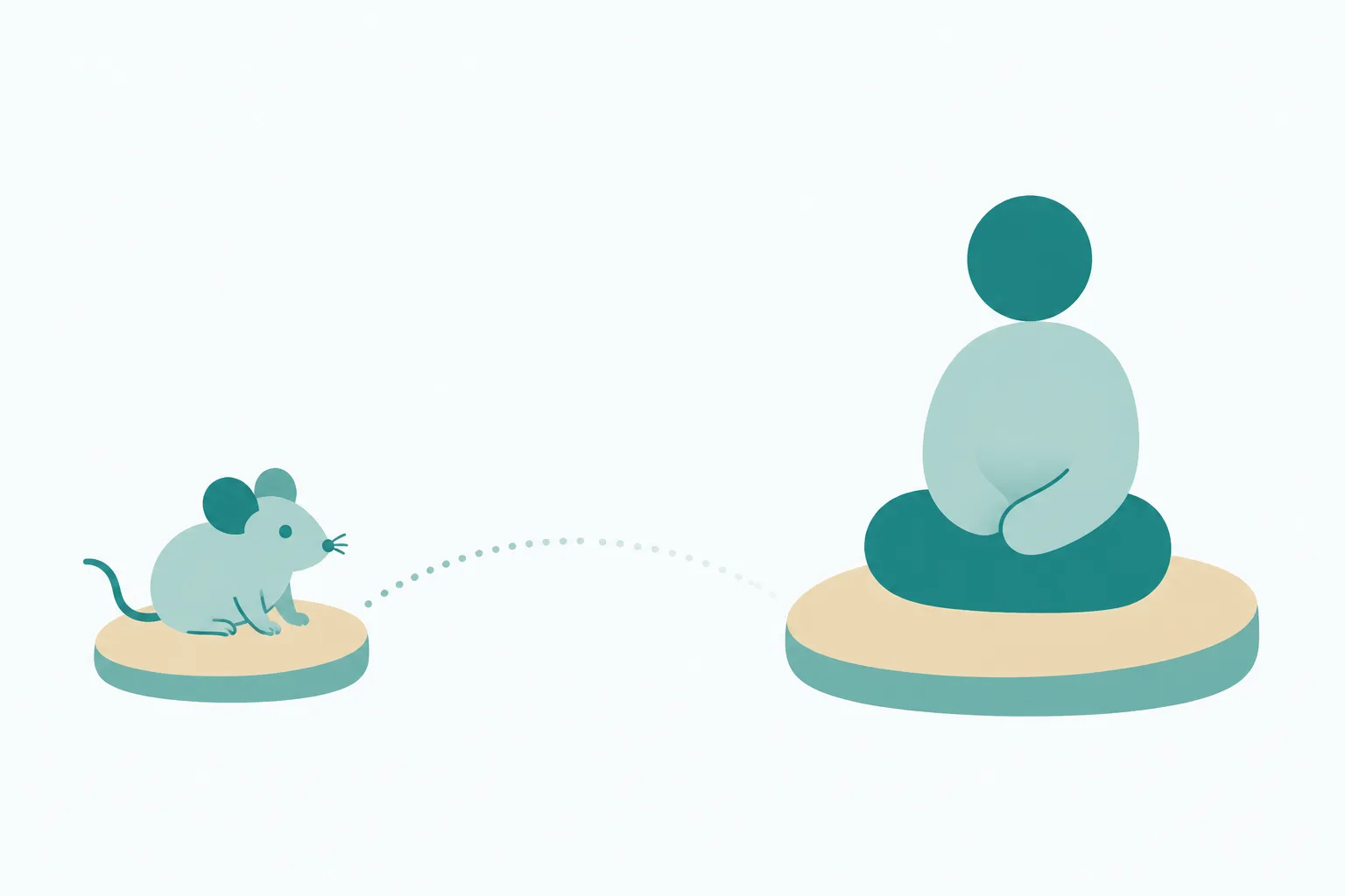 Friendly illustration of a small mouse standing on a rounded platform on the left and a person standing on a larger rounded platform on the right, with a gap between them crossed only by a dotted line