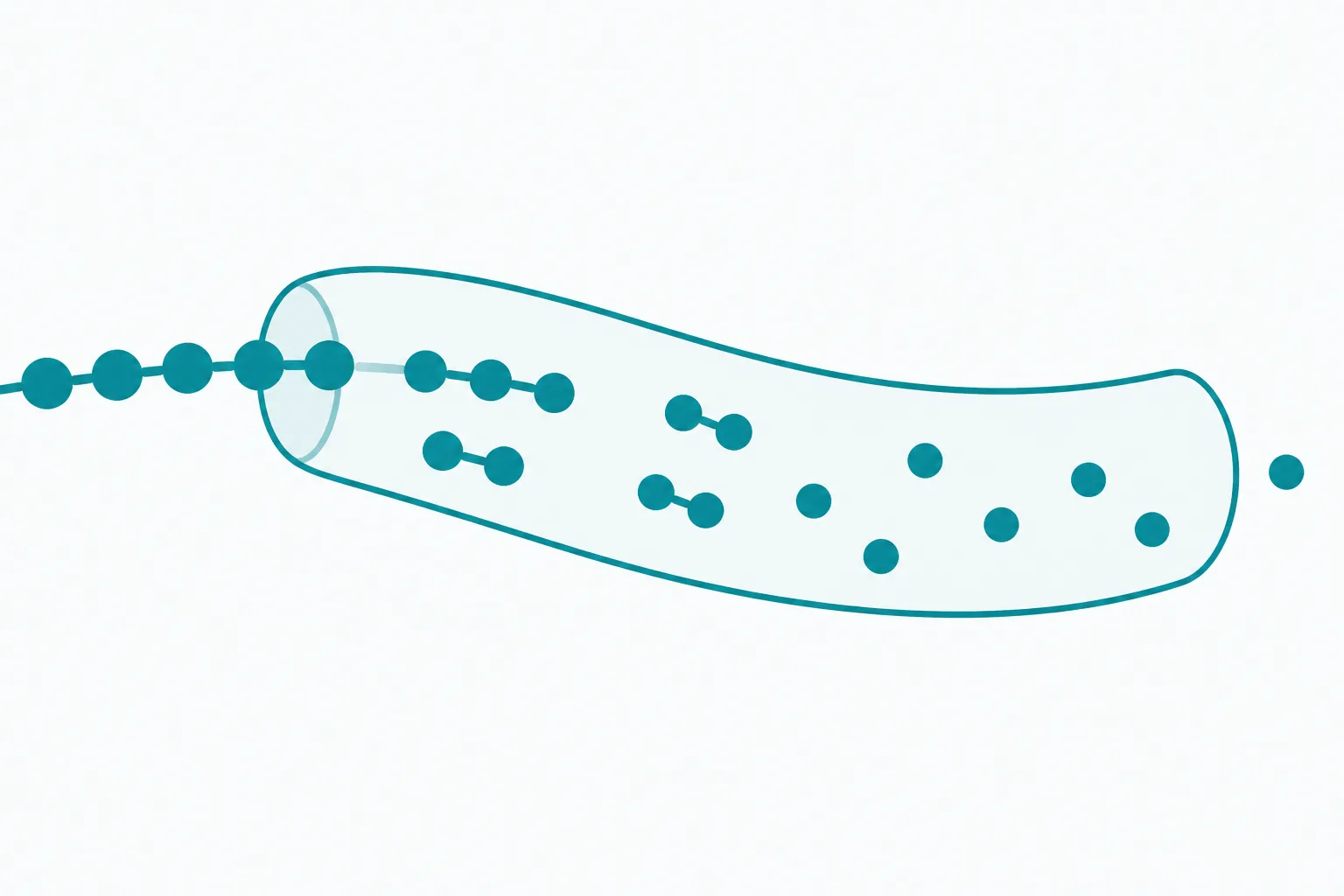 A chain of rounded beads entering a wide soft tube and coming apart inside it, with loose single beads scattered along the way and one whole bead leaving at the far end