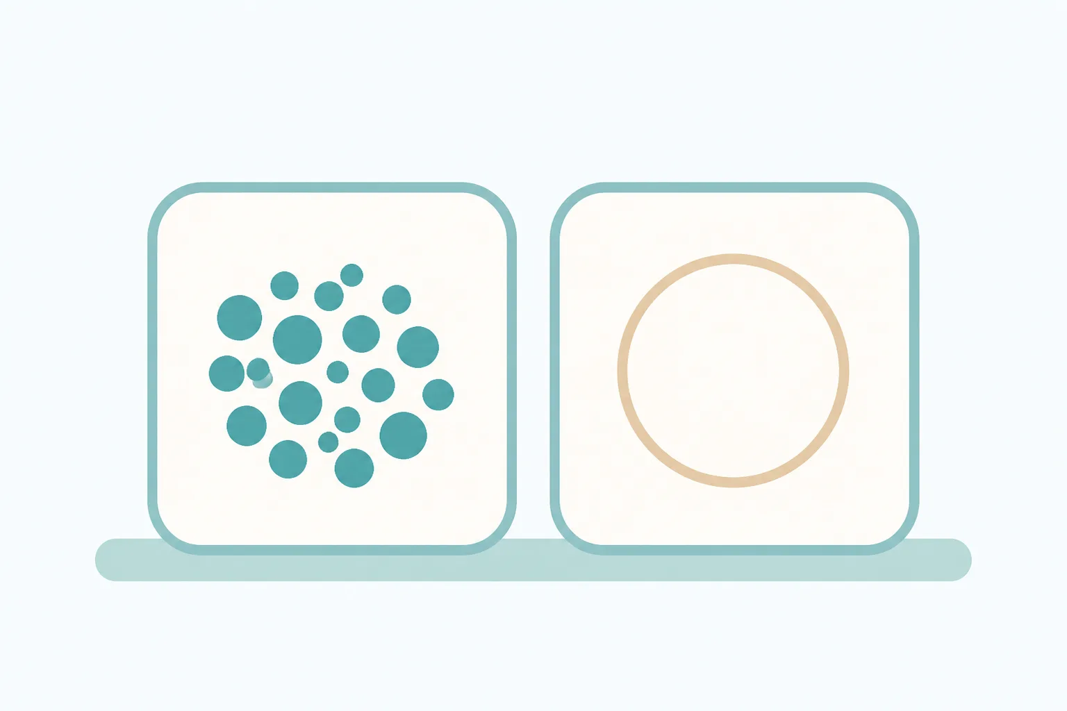Friendly illustration of two rounded cards side by side, the left one holding a cluster of many small circles and the right one holding a single large empty outline, with one continuous bar running underneath both of them